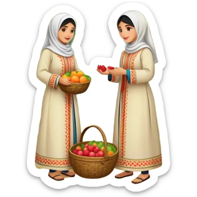 Palestinian women dressed in traditional embroidered thobes harvesting fruit in an orchard. Their vibrant and intricately designed dresses reflect deep heritage, while their coordinated efforts collecting fruit in a woven basket sticker