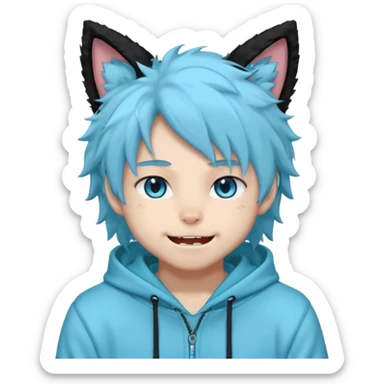 A fluffy anime-style male character with black fur, cat ears, a long fluffy tail, and sharp blue eyes. He wears a light cyan hoodie that says 'Imagine and go with the flow' and matching sweatpants. He has sharp fangs that show when he smiles, giving him a playful but mysterious vibe. sticker