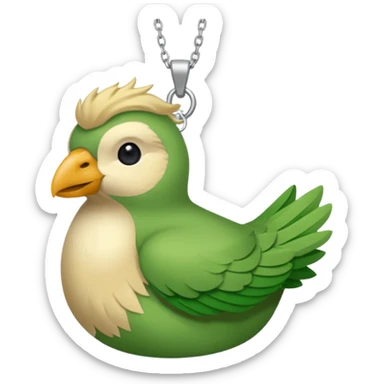 un oiseau classique de profil tout vert avec un collier autour de son cou avec des breloque argentées et un seul poil blond qui fait une petite bouclette sur le front le collier est autour du coup de l’oiseau entre la tête et le corps sticker