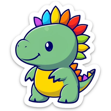 A cartoon baby stegosaurus toy with a cute onesie and tiny colorful spikes sticker