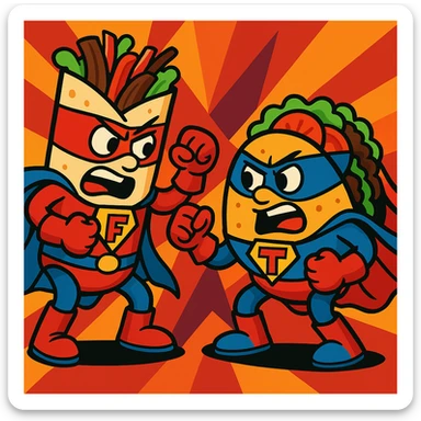 Add superhero costumes to the fajita and taco as they playfully fight in a vibrant cartoon style, keep the background as is. sticker