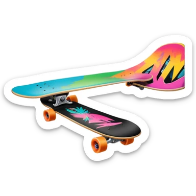 An icon featuring a skateboard resting on a smooth concrete surface. The background shows a sunny skate park with ramps, graffiti walls, and palm trees, creating an urban vibe. The skateboard is designed with vibrant colors and unique graphics. Transparent background  sticker