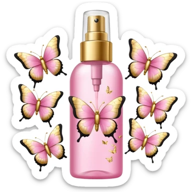 Pink body mist spray with gold butterflies on bottle  sticker