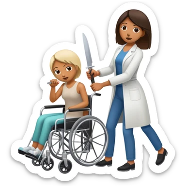 Mujer con cuchillo en la mano, empujando un enfermo en silla de ruedas sticker