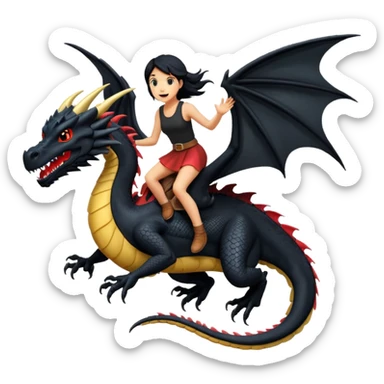 Extreme huge black dragon flying with a female rider on top of it sticker