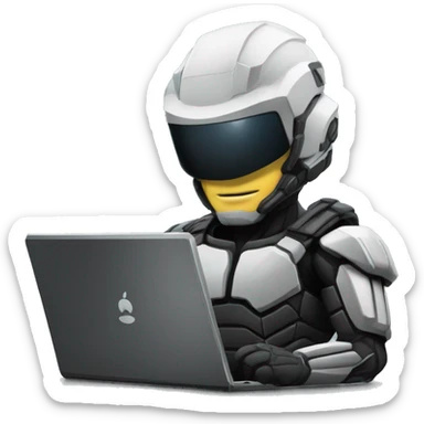 Side view developer behind his laptop with this style: Crytek Crysis Video game with character on the theme of hackers nanosuit Swift programming language sticker
