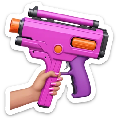 brown hand with pink nails holding large scary dark nerf gun sticker