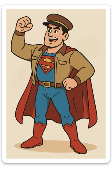 Superman wearing driver clothes, heroic pose, vibrant colors, cartoon style sticker