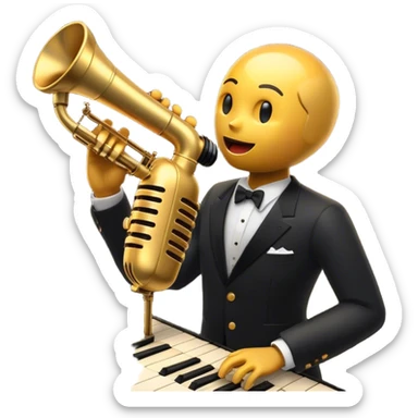 Create a vibrant and expressive emoji representing jazz vocal performance. The design should feature a vintage microphone at the center, surrounded by musical notes and soundwaves flowing outward, symbolizing the vocal improvisation and fluidity of jazz. Include key instruments often associated with jazz vocals, such as a jazz piano (stylized black keys) in the background and a saxophone or trumpet, giving it a true jazz vibe. Add soft lighting effects to evoke the intimate, atmospheric feel of a jazz club. Use rich colors like gold, black, deep purple, and red to reflect the soulful, smooth nature of jazz. The background should be transparent. sticker