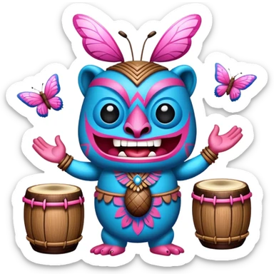 Cartoon Blue and pink tiki singing with butterfly and bongos sticker