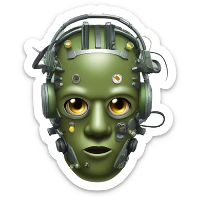 Olive green mohawk cyborg head with respirator mask and circuits sticker