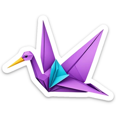 Paper crafting icon, origami crane, folded paper shapes, scissors, vibrant paper, clean folds, minimalistic style, transparent background. sticker