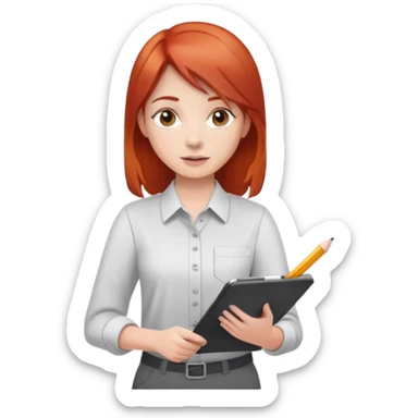 Intern or volunteer red hair holding a clipboard and pencil, ready to take notes or assist. The character wears a simple shirt and has an eager posture sticker