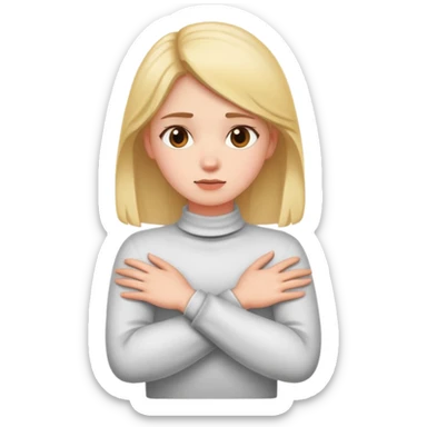 a girl with crossed arms holding her neck sticker
