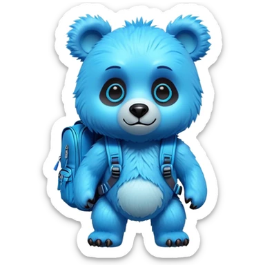 3D, adorable little Pixar style blue neon punk bear with a backpack, ultra detailed, each lash, eye, and strand of fur is shown in stunning detail as though captured in a timeless photograph, rich textures, visually rich, so lifelike it feels like it could leap off the page at any moment sticker