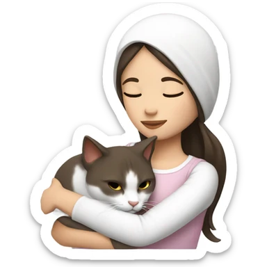 girl dark brown hair sleep with white cat with ash spot clearance on head in her arm sticker