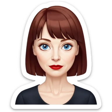 Woman in her late 50s with pale skin, wider face, more pronounced wrinkles, blue eyes with eyeliner, thin eyebrows, small nose, red lipstick, dark auburn hair with bangs, wearing a black top sticker