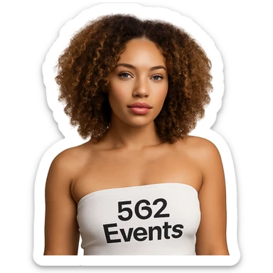 realistic mixed Caucasian and African American Red Bone woman, wearing a white tube top with the text '562 Events' written on the tube top sticker
