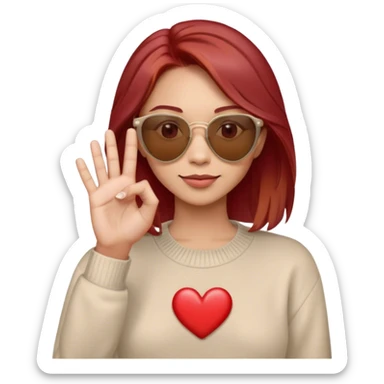 This Memoji features a person with shoulder-length brown hair with some red hair highlights , wearing red-tinted sunglasses with a beige frame. They are dressed in a beige sweater over a light gray collared shirt. The character is making a small heart gesture with their fingers, commonly used to express love or appreciation. The expression appears friendly and confident sticker