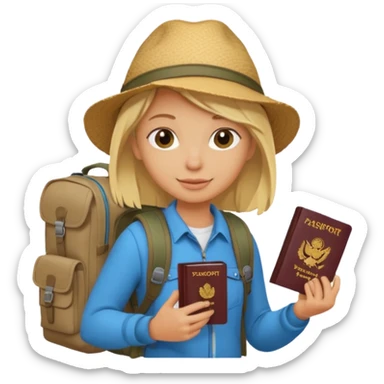 blonde haired Traveler character with passport, backpacker,  sticker