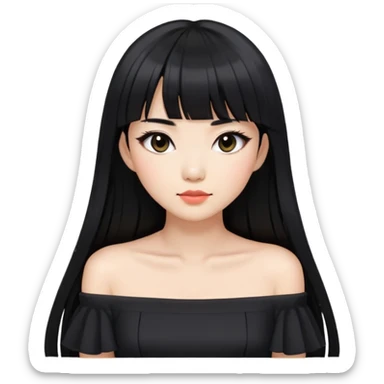 Asian woman with long black hair, straight bangs, black off-shoulder dress, and visible makeup sticker