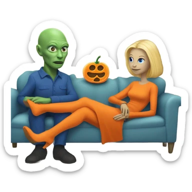 blonde alien reptilian woman in orange dress and humman man in blue, sitting on a couch  sticker