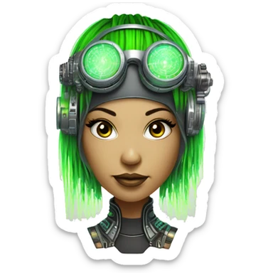 Neon green bobbed hair Latina female cyborg head with silver steampunk goggles and circuits sticker