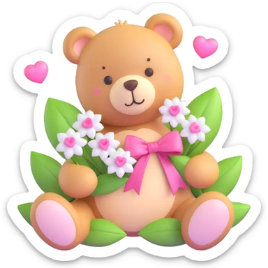 a teddy bear with a pink bow on its head, holding a bouquet of white flowers with green leaves, and small pink hearts floating around sticker