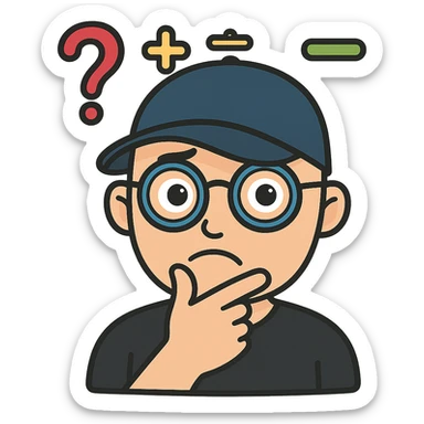 Add a baseball cap to the bald headed man with glasses and math symbols over his head, thinking expression. Keep the background transparent. sticker