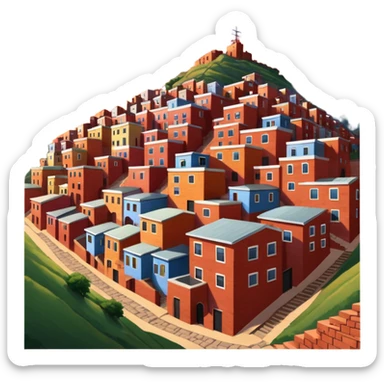 Urban Peruvian hillside neighborhood, brick houses stacked on steep hills, unfinished red brick buildings, colorful painted facades, narrow stairways, electric cables crossing the sky, sunset lighting, realistic style, cinematic, high detail sticker