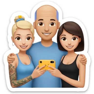throuple tatted bald boyfriend with blonde girl friend and brunette girlfriend sticker