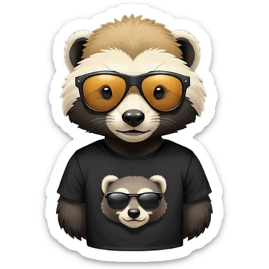 friendly anthropomorphised honey badger, close crop showing head, neck, and top of t-shirt with a graphic print, wearing sunglasses sticker