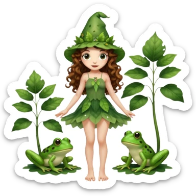 full body woman long curly brown hair brown eyes white skin tattoos wearing cute frog hat and sheer leaf dress, barefoot, flirty forest fairy pose sticker