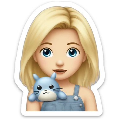 bébé fille blonde décoiffée aux yeux bleus avec une peluche Totoro  sticker