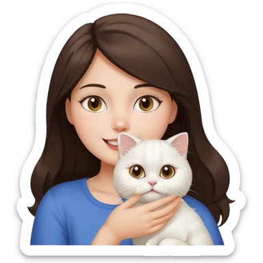 brunette girl holding a white Persian cat close to her face, both with happy expressions, apple emoji style sticker