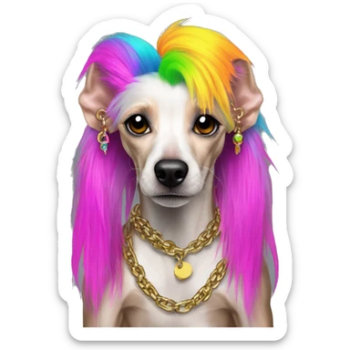 Punk Chinese crested dog neon rainbow hair gold chain punk piercings tattoos punk ear piercings sticker