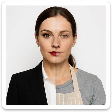 hyper realistic split-image of a woman, one half with elegant makeup and business suit, other half natural, homemaker apron, white background, symmetrical, clear contrast sticker