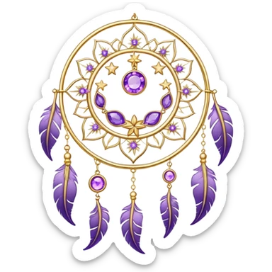 Epic beautiful gorgeous cute gold suncatcher, threads with shiny sparkly amethyst gemstones, flowers, crescents-moons, stars, violet Feather sticker