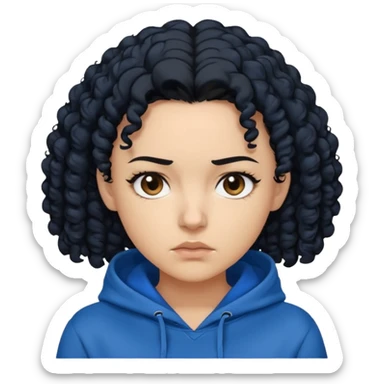 A woman with curly black hair, wearing a blue-black hoodie, and a slightly serious expression on her face. sticker