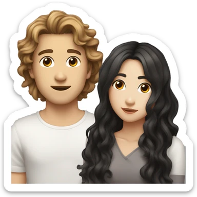 Make a guy that is young with brown hair and wavy medium  long hair  kiss a Asian white with medium long wavy black hair  sticker