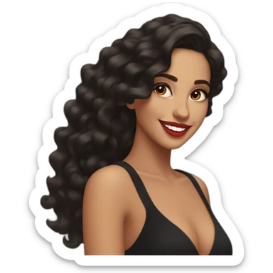 young moroccan woman with dark brown eyes, dark long curling hair, red lips, big smile, black dress sticker