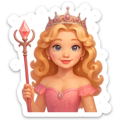 Change Glinda's dress to pink, keep her smiling expression, curly blonde hair, tiara, and wand. Remove the background. The style should resemble a cheerful fairy tale character with a magical and sparkly appearance. sticker