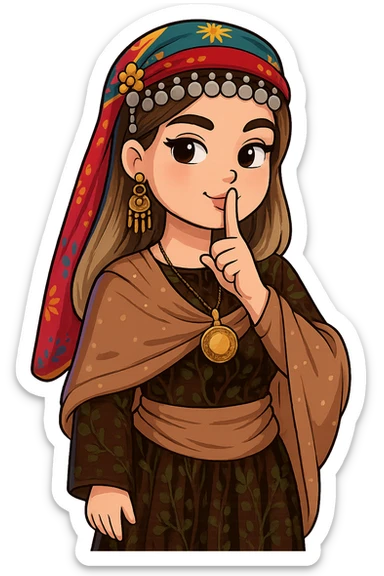 Kurdish cartoon sticker of the same woman in the new dress, making a 'shh' gesture with finger on lips, playful or secretive expression, no text, transparent background, chibi stickers style. sticker