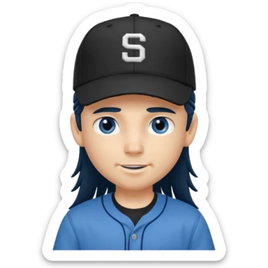 generate a pretty bratz boy wearing a dark blue button up shirt, long black mullet hair. Matching blue baseball cap on head. smirking sticker