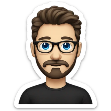 White man with blue eyes and dark brown hair, styled sideways backwards. He has a beard and mustache trimmed and wears a black t-shirt and vintage glasses. sticker