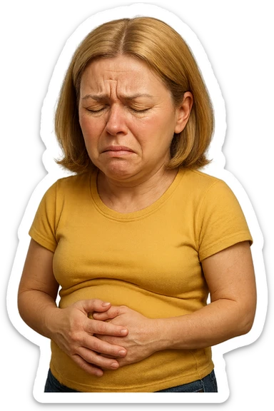 emoji stile iphone di donna con mal di pancia e pancia gonfia, iperrealistico 4k sticker