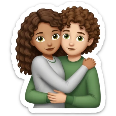 light brown skinned girl with long and dark brown wavy hair and brown eyes hugging and being loving with white boy with light brown and very curly short hair and green eyes  sticker