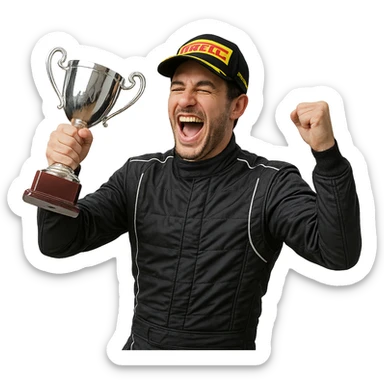 Formula 1 driver celebrating with a trophy, joyful expression, racing suit sticker