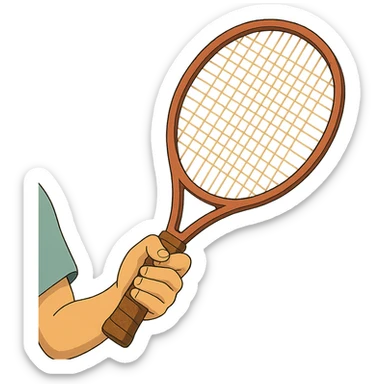 a hand holding a tennis racket, ghibli style sticker