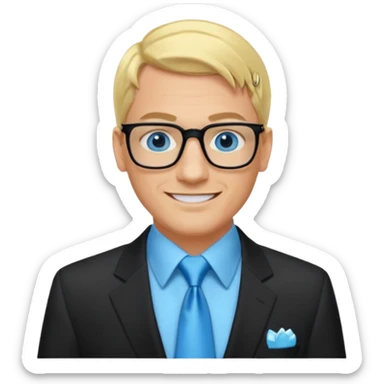 David Carlton from Ali G Indahouse with blue eyes, blonde hair, icy blue dress shirt with black tie, black suit jacket sticker